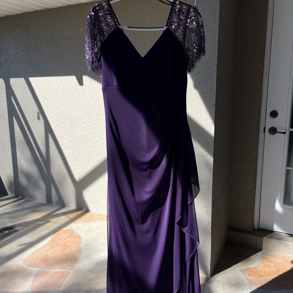 Xscape Asymmetrical Purple Dress with Lace Sleeves Mother-of-the-Bride